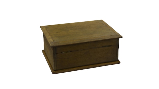 A wooden box with a lid that says'the word " on it.