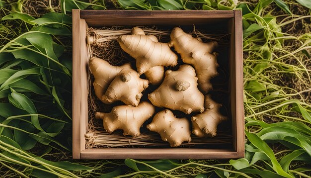 Photo a wooden box with mushrooms in it and a wooden box with a green leafy plant in the middle