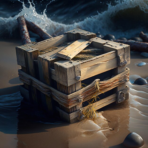 Photo a wooden box with a piece of wood on it sits on a beach