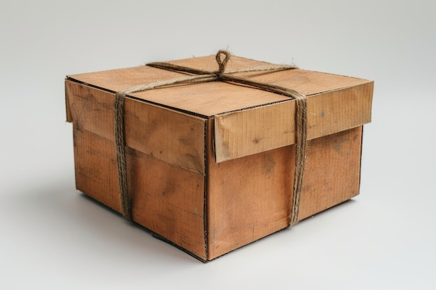 Foto una scatola di legno con una corda legata attorno ad essa è mostrata
