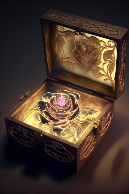 Wooden box with a rose inside of it generative ai