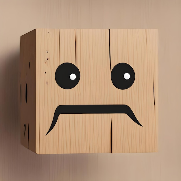 A wooden box with sad face