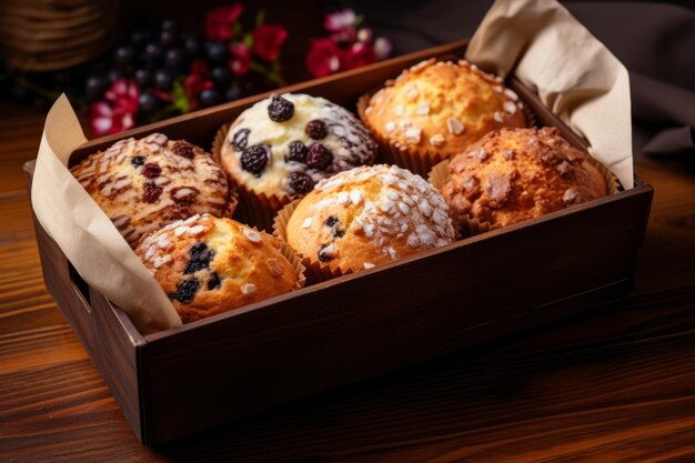 Wooden box with six muffins