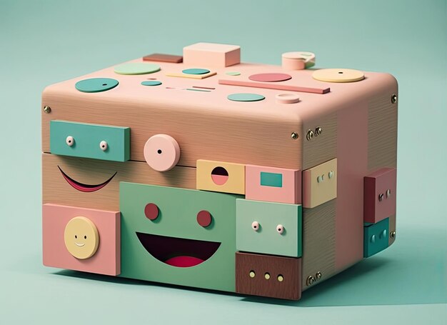 A wooden box with a smiling face