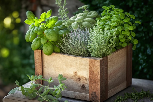 Wooden box with various fresh green herbs growing outdoors in the garden AI generated