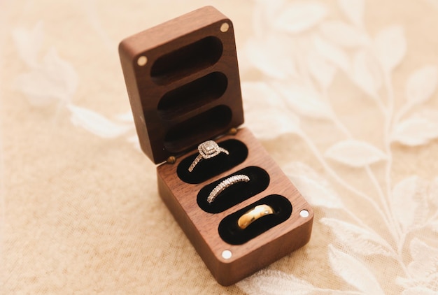 A wooden box with a wedding ring inside