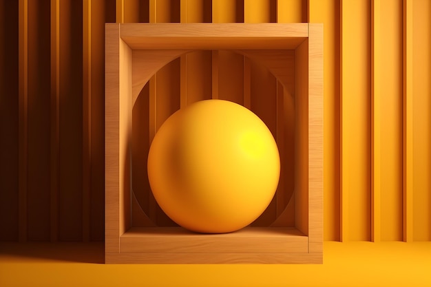 A wooden box with a yellow ball inside of it on yellow background