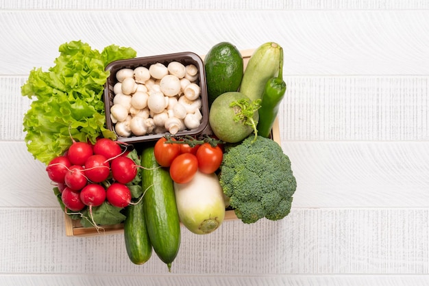 Wooden boxes full of healthy food