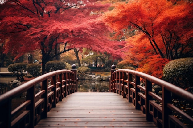 Wooden bridge in the autumn park Japan autumn season Kyoto Japan