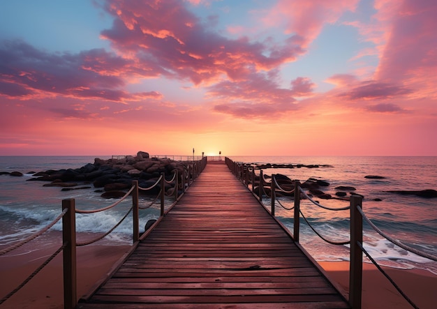 a wooden bridge on the beach at sunset