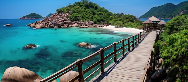 Wooden bridge at beautiful clear water island landscape ai generated image