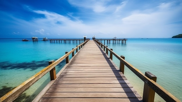 A wooden bridge over a blue ocean with a blue sky in the background.