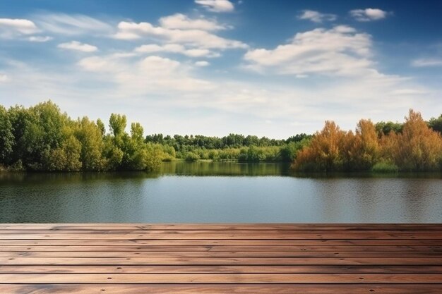 a wooden bridge by a lake with trees and a wooden deck.