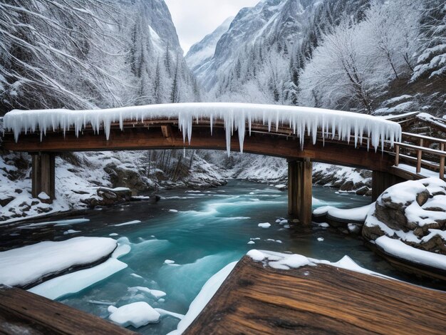 Wooden bridge covered snow in the winter season