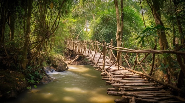 A wooden bridge in the forest with a stream running through it