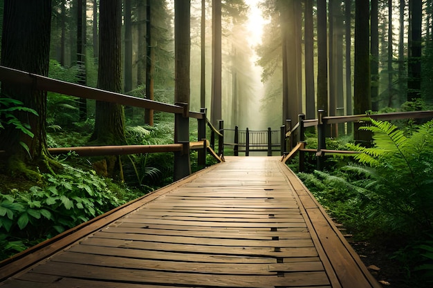 A wooden bridge in a forest with a sun shining on it