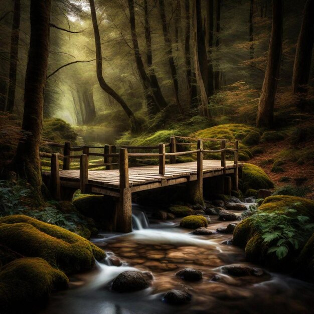 a wooden bridge in a forest with a waterfall in the background A saf and gloomy scene Peaceful