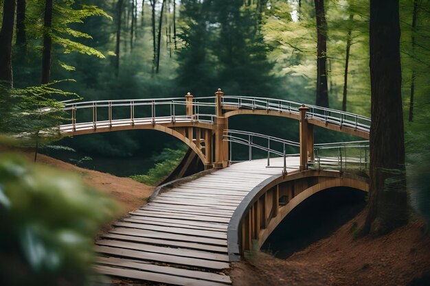 Photo a wooden bridge in a forest with a wooden bridge in the background.