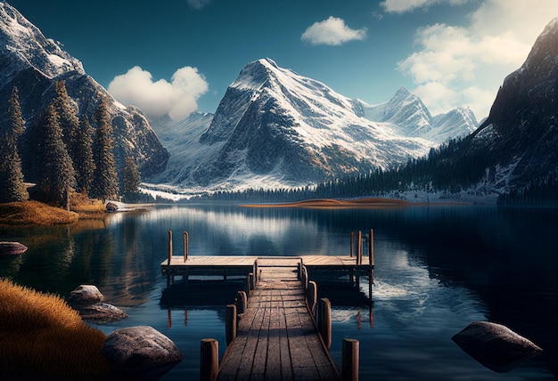 A wooden bridge goes straight into the middle of a beautiful mountain lake ai generated