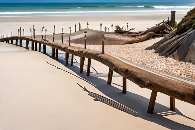 Photo a wooden bridge is in the sand on a beach.