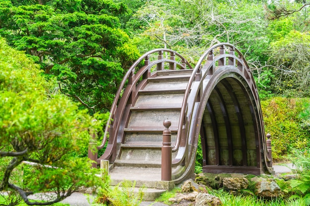 Wooden Bridge at Japanese Garden in San Francisco Golden Gate Park.