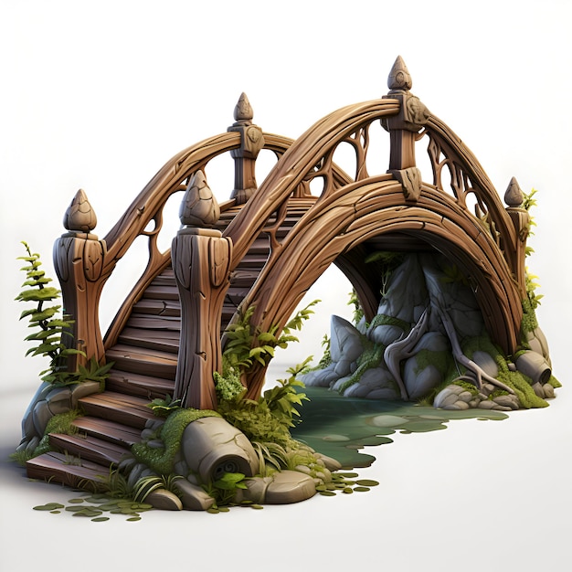 Wooden bridge in the jungle 3d render illustration on white background