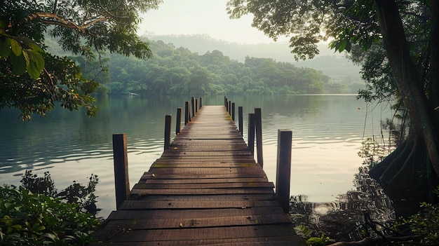 Wooden bridge over the lake in the morning