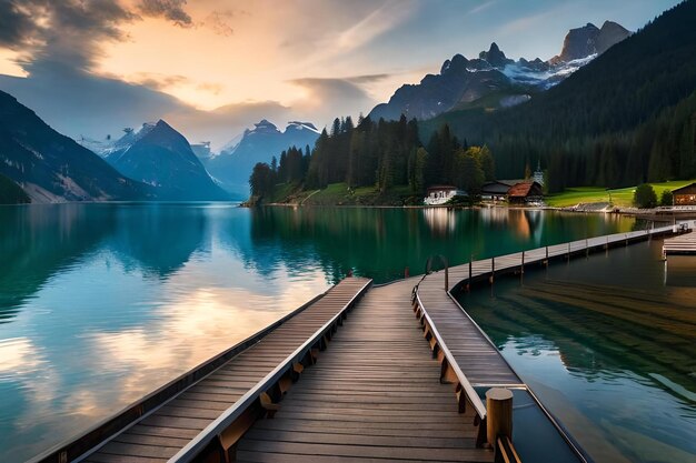 A wooden bridge over a lake at sunset