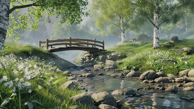 Wooden bridge over a lake with fish River flowers stones shore trees crossing road water arch sea aquarium fishing scales fishing rod fin flock algae food Generated by AI