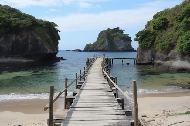 A wooden bridge leads to a beach with a beach in the background.