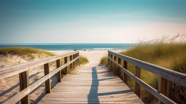 A wooden bridge leads to the beach.