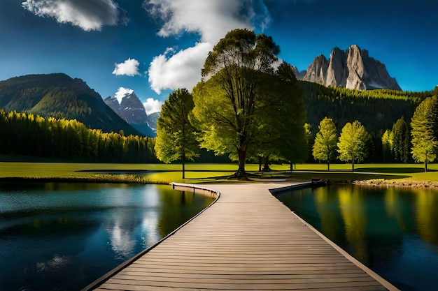 Foto a wooden bridge leads to a lake in the mountains.