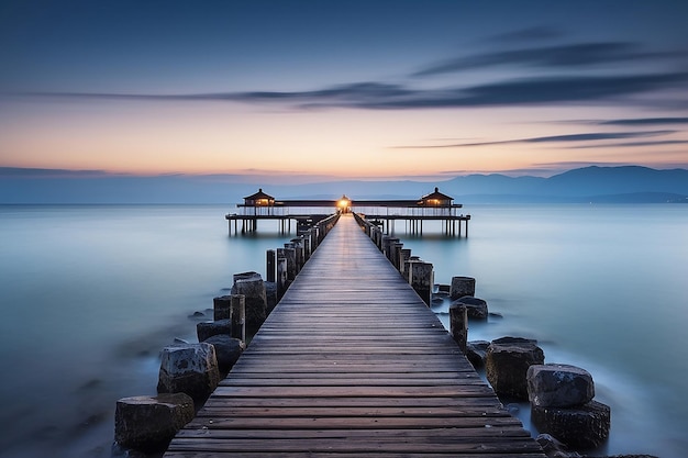 A wooden bridge leads to a lake at sunset