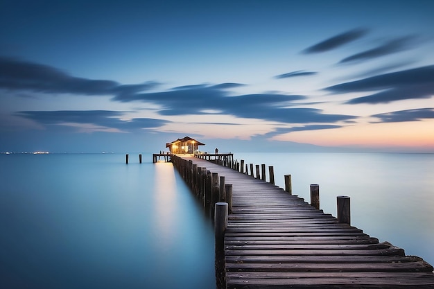 A wooden bridge leads to a lake at sunset