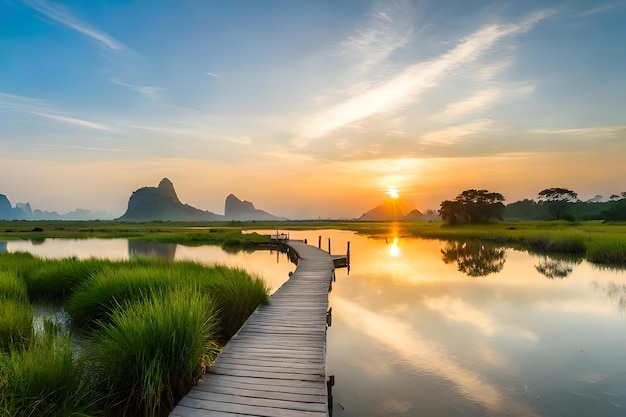 A wooden bridge leads to a lake with a sunset in the background.