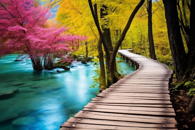 a wooden bridge leads to a river that has a blue water stream