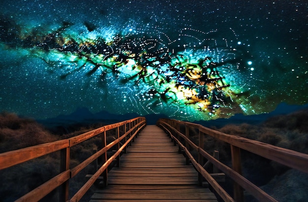 A wooden bridge leads toward an area filled with stars