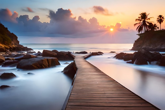 A wooden bridge leads to a tropical beach at sunset.