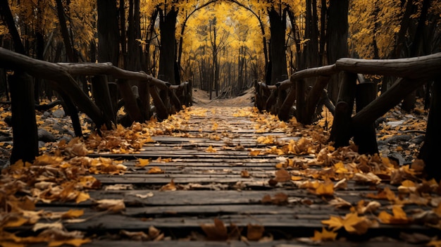 A wooden bridge over a leaf covered path