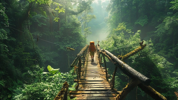 A wooden bridge in the middle of a lush green jungle The bridge is made of wooden planks and has a rope railing