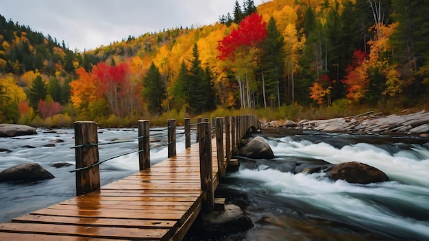 Wooden bridge over a mountain river in the autumn forest on a cloudy day