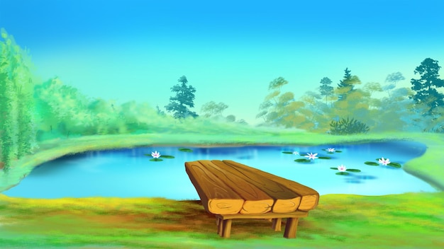 Wooden bridge near the pond on a sunny day Digital Painting Background Illustration