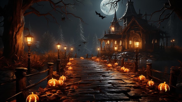 Wooden bridge on the night of Halloween with candles and pumpkins