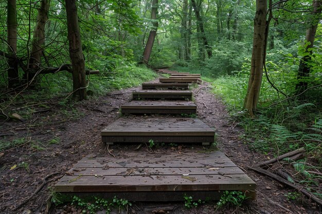 森の真ん中にある木製の階段を備えた木製の橋の道