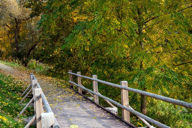 Wooden bridge for pedestrians next to a road in the countryside in autumn Autumn landscape