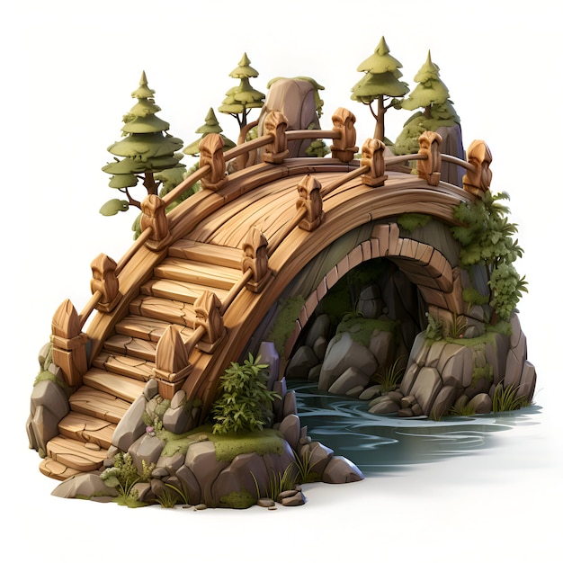 wooden bridge over the river in the forest 3d illustration