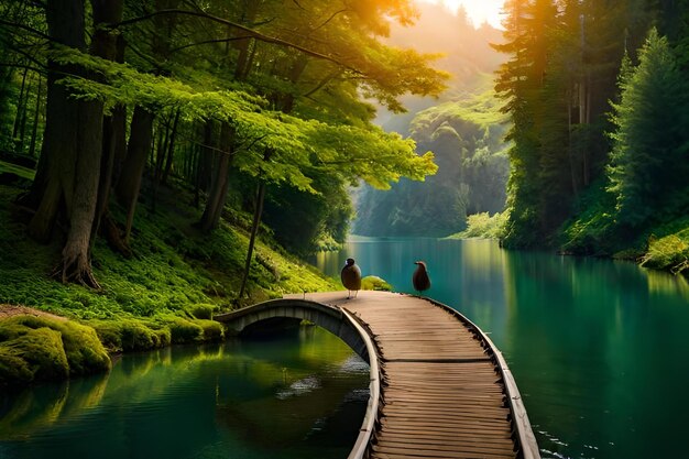 A wooden bridge over a river with a forest in the background