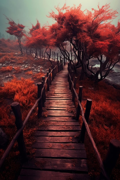 A wooden bridge over a river