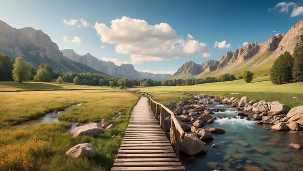 wooden bridge over a rocky river with a beautiful meadow in the background