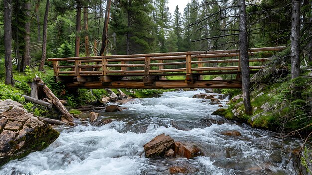 Photo wooden bridge over a rushing river in a forest the water is white and foamy and the rocks in the river are a variety of colors